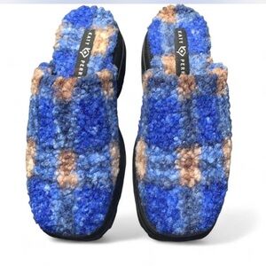 Katy Perry Blue  tan Plaid geli combat platform lug mules size 10 Teddy fuzzy